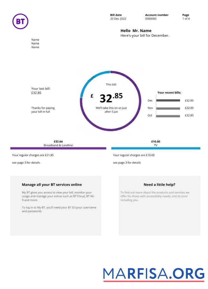 Blank United Kingdom BT utility bill version 2 (2) real example